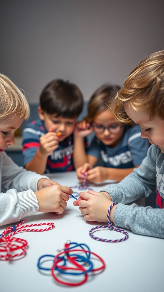Kids crafting friendship bracelets with red, white, and blue colors.