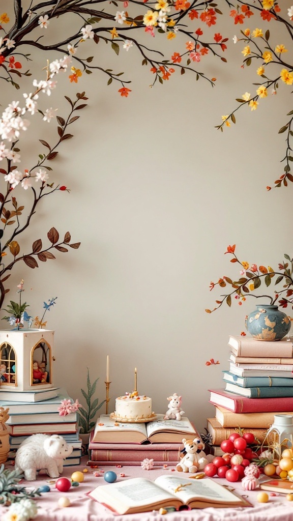 Decorative setup for a storybook fantasy-themed baby shower with flowers, books, and soft toys.