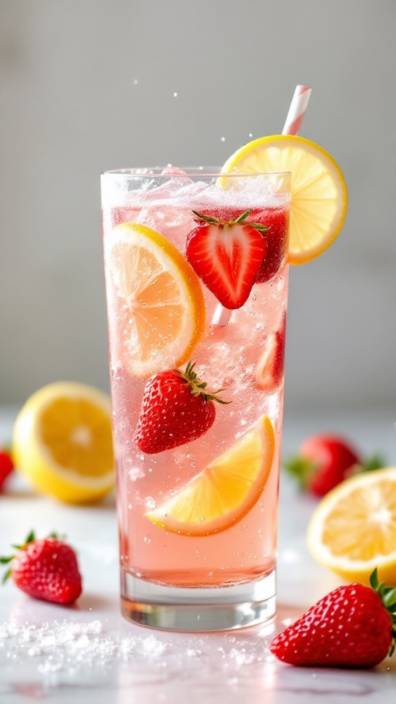 A tall glass of Strawberry Lemonade Fizz with strawberries and lemon slices