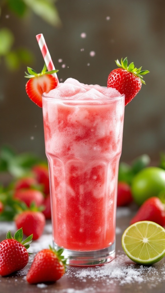 A vibrant strawberry lime slush in a tall glass, garnished with strawberries and lime.
