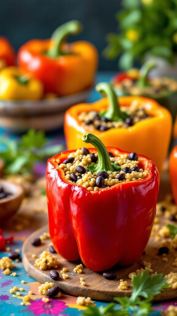 Stuffed bell peppers filled with quinoa and black beans on a wooden board.