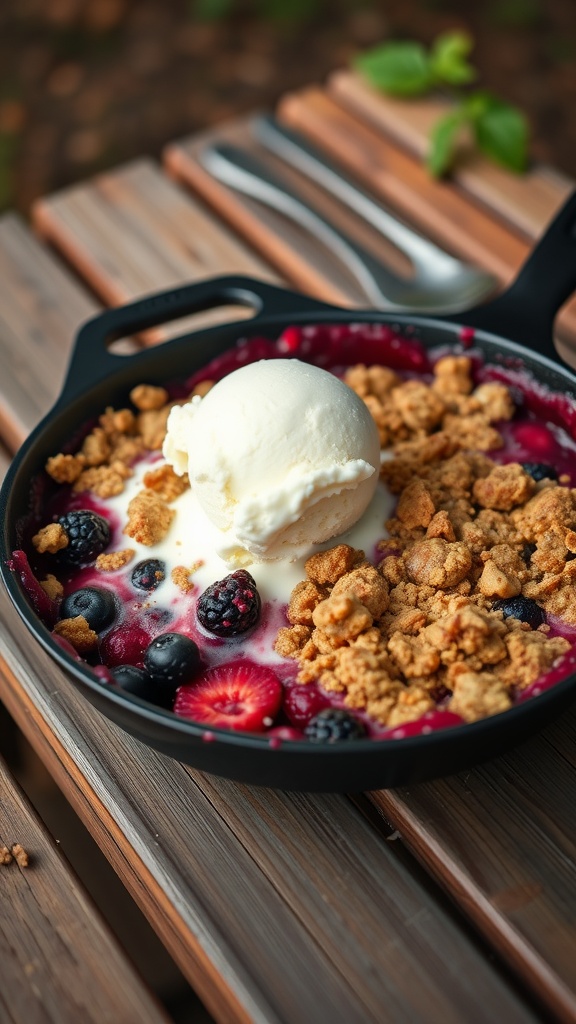 A delicious summer berry crisp topped with ice cream
