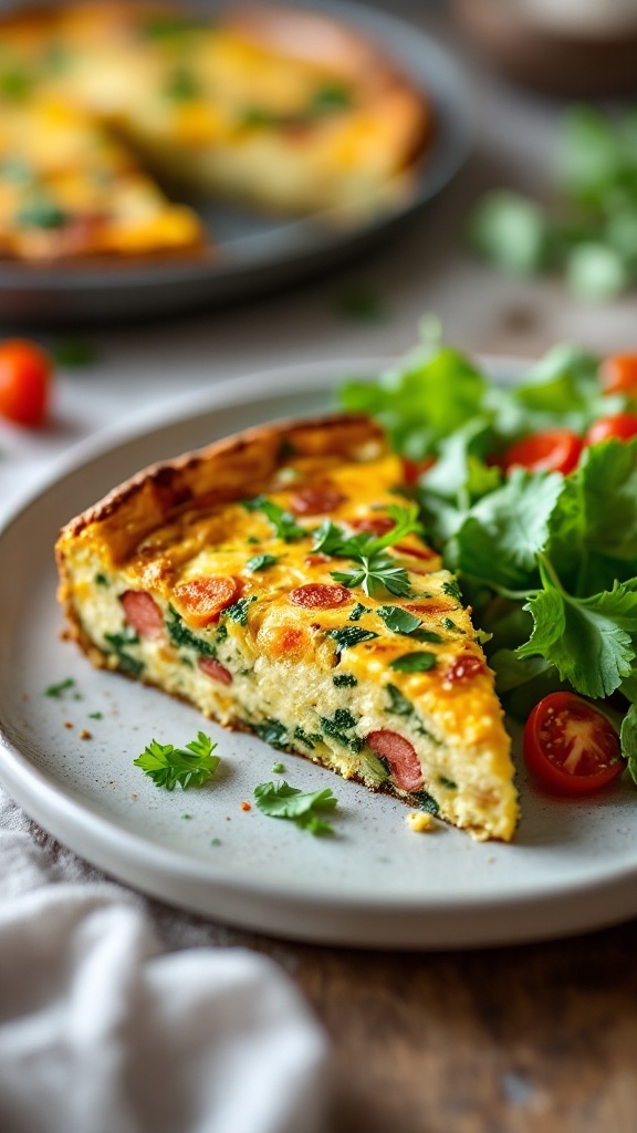 A slice of vegetable frittata on a plate with greens and cherry tomatoes.