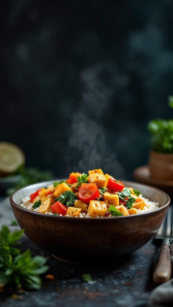 A bowl of colorful vegetable stir-fry with tofu, featuring red pepper and cherry tomatoes.