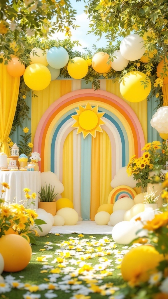 A vibrant baby shower setup featuring a rainbow arch, balloons, and flower arrangements.