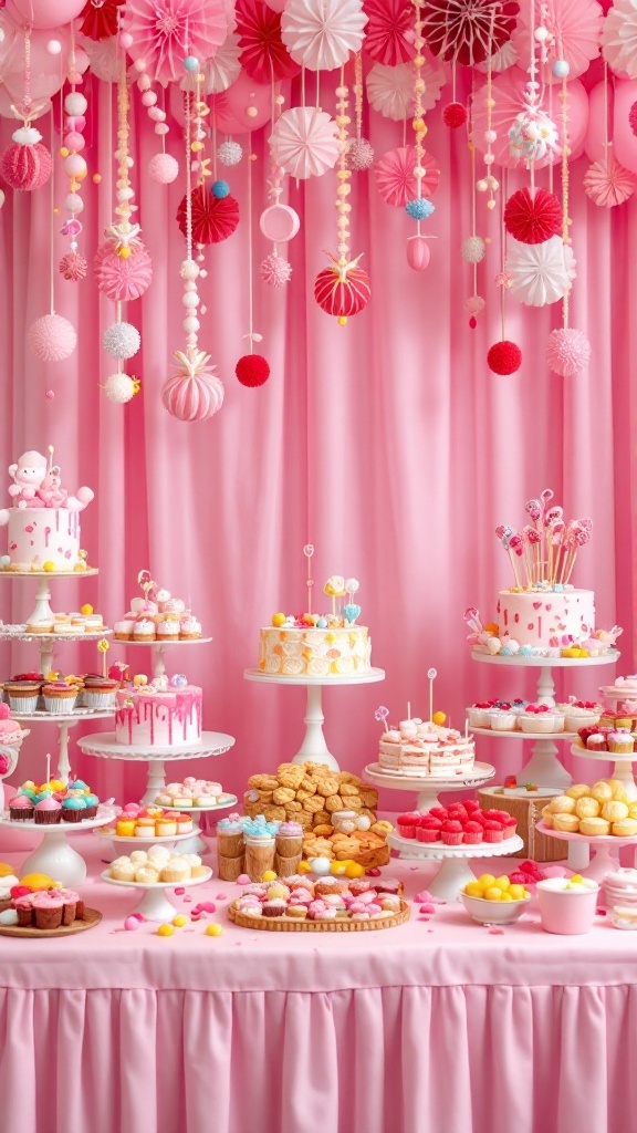 Sweet Shoppe baby shower theme with candy bar and pink decorations.
