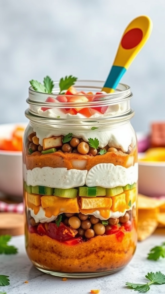 A colorful jar filled with layers of taco dip ingredients including cheese, veggies, and sour cream.