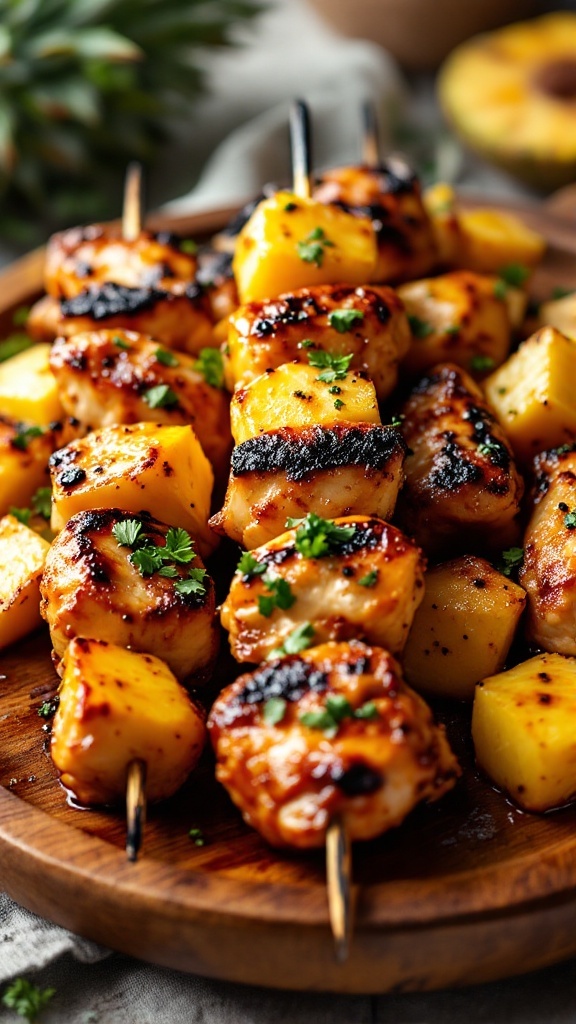Teriyaki chicken skewers with pineapple on a wooden platter.