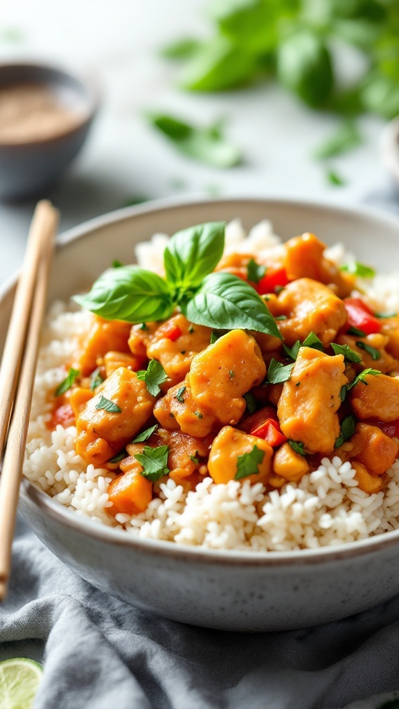 Thai basil chicken with jasmine rice in a bowl, garnished with fresh basil and served with chopsticks.