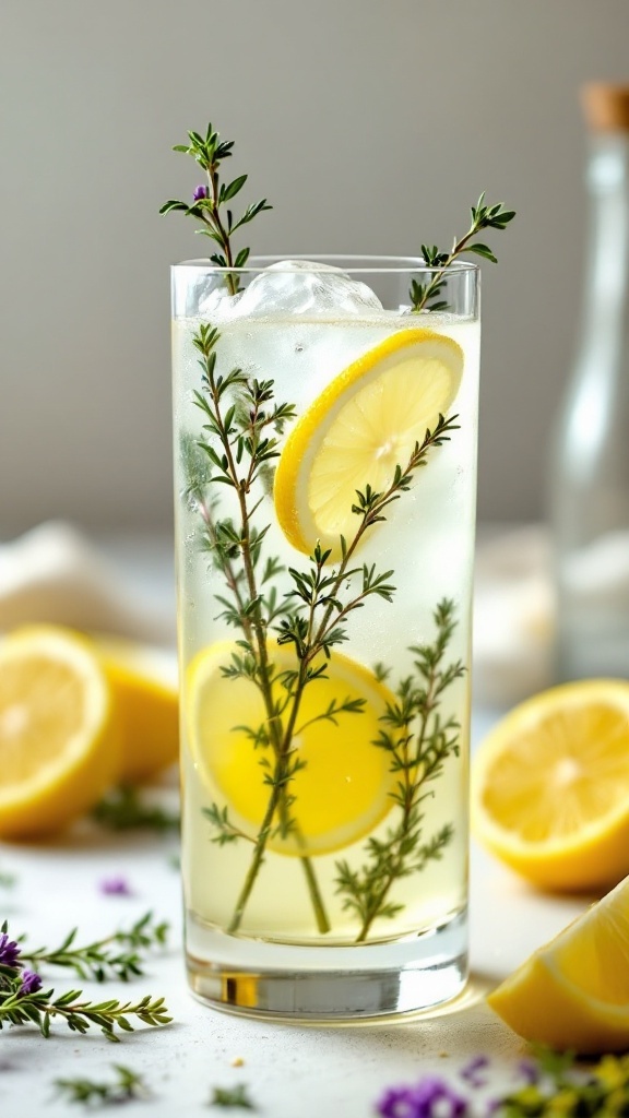 A refreshing thyme-infused lemon spritzer garnished with lemon slices and thyme sprigs.