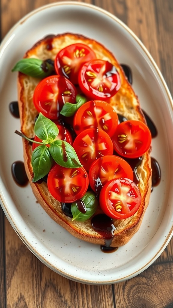 A plate of tomato basil bruschetta topped with fresh tomatoes and basil.
