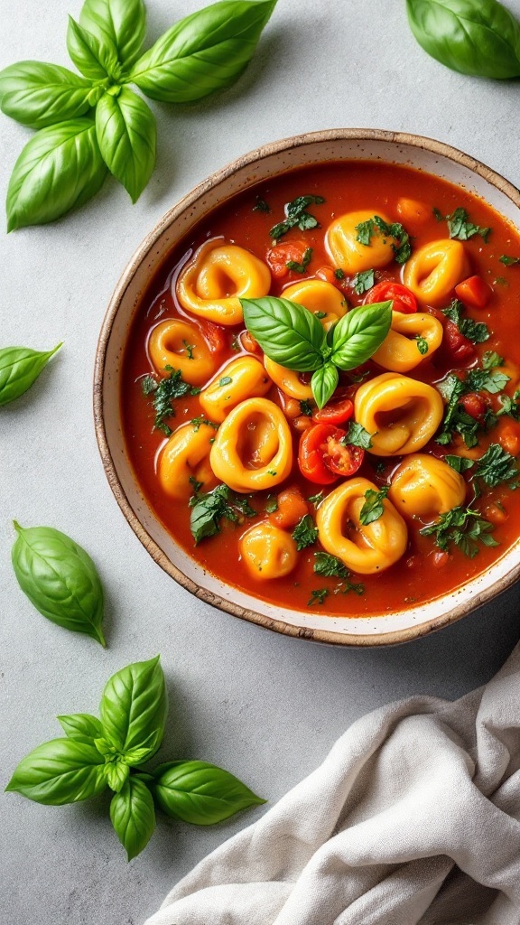 Bowl of tomato basil tortellini soup with fresh basil leaves
