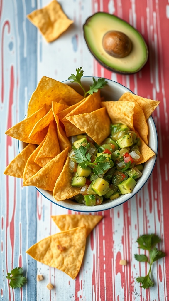 Bowl of tortilla chips next to an avocado and fresh salsa on a red, white, and blue background.