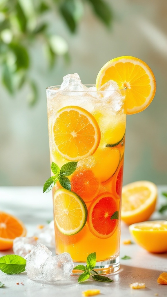 A vibrant Tropical Citrus Mocktail with lemon, lime, and orange slices, garnished with mint leaves, served over ice.