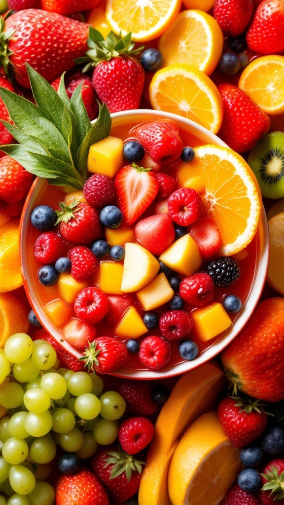 A vibrant bowl filled with tropical fruits like strawberries, oranges, and blueberries, surrounded by more fruits.