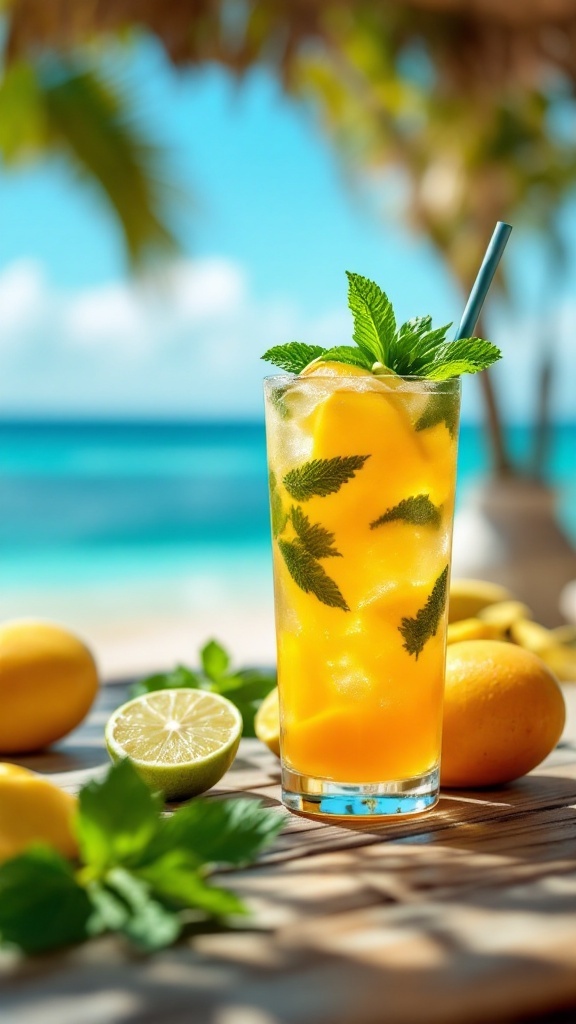 A tropical mango mojito in a tall glass, garnished with mint leaves and surrounded by fresh fruits.