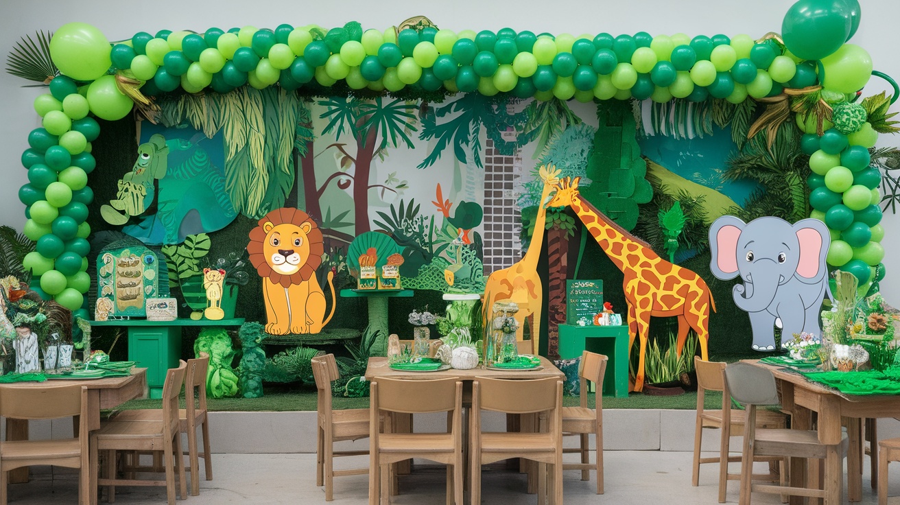 A vibrant jungle-themed birthday party setup with colorful decorations and animal cutouts.