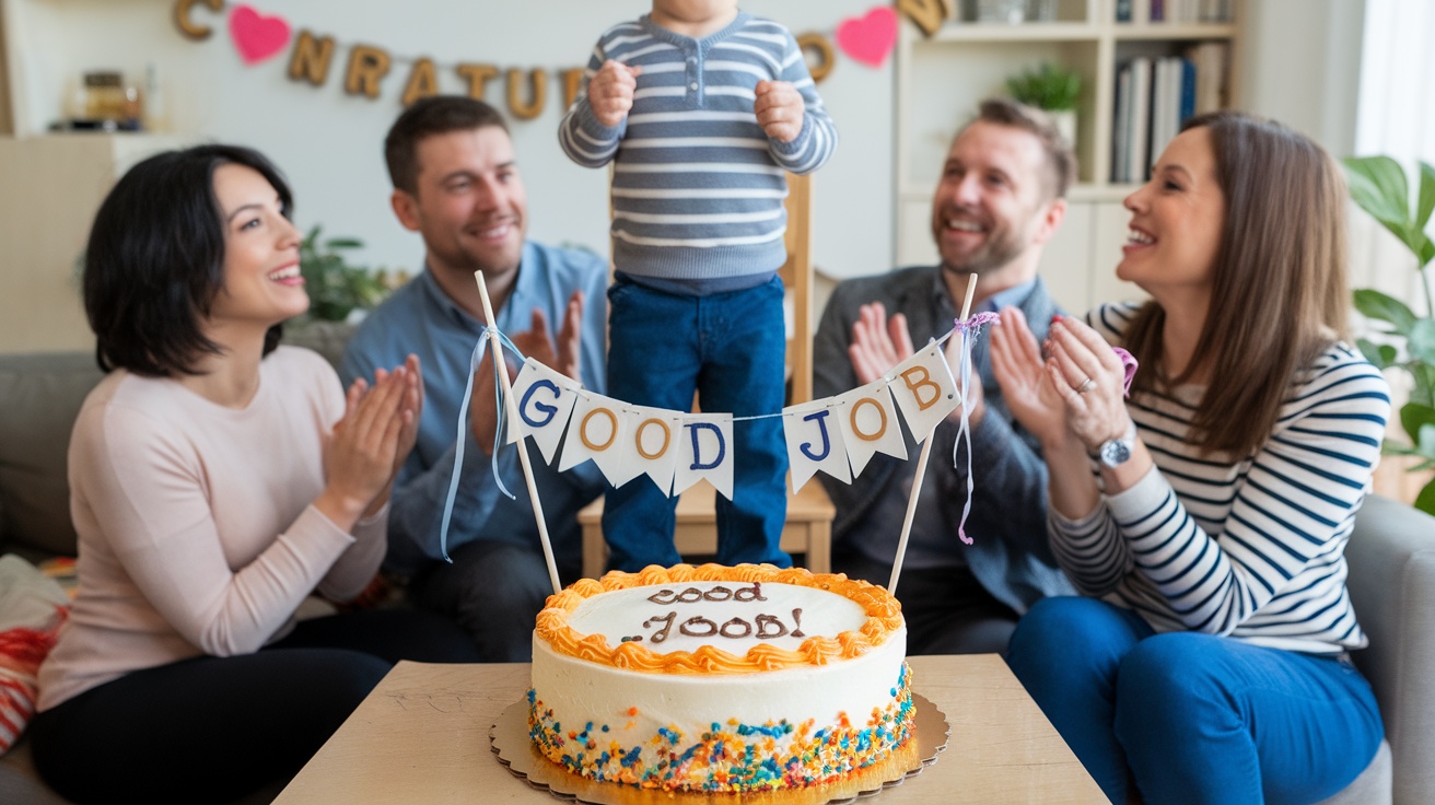 A child stands on a chair celebrating with family around a cake that says 'Good Job!'