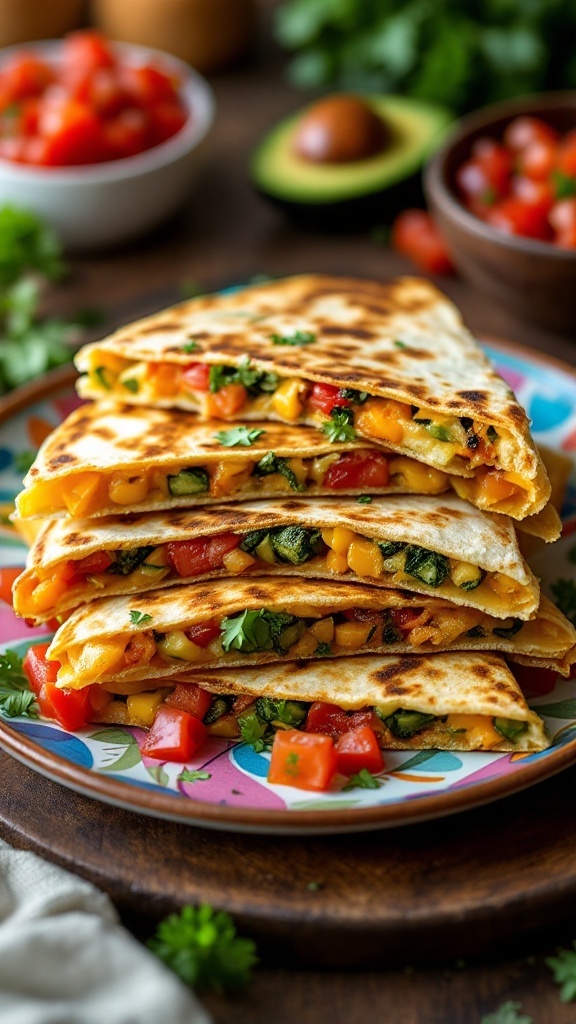 Vegetable quesadillas stacked on a colorful plate with fresh vegetables in the background.