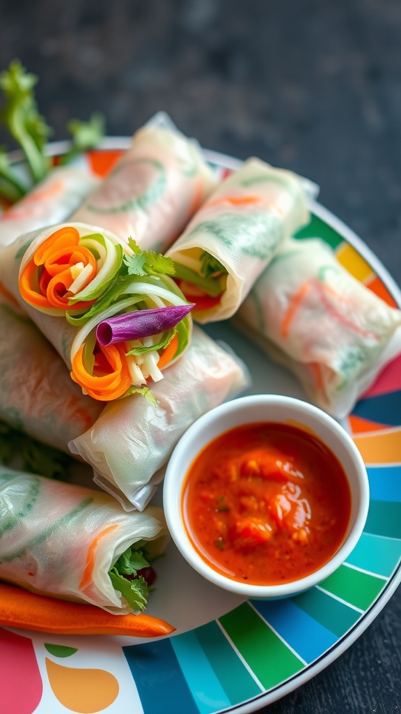 A colorful plate of vegetable spring rolls with a dipping sauce on the side.