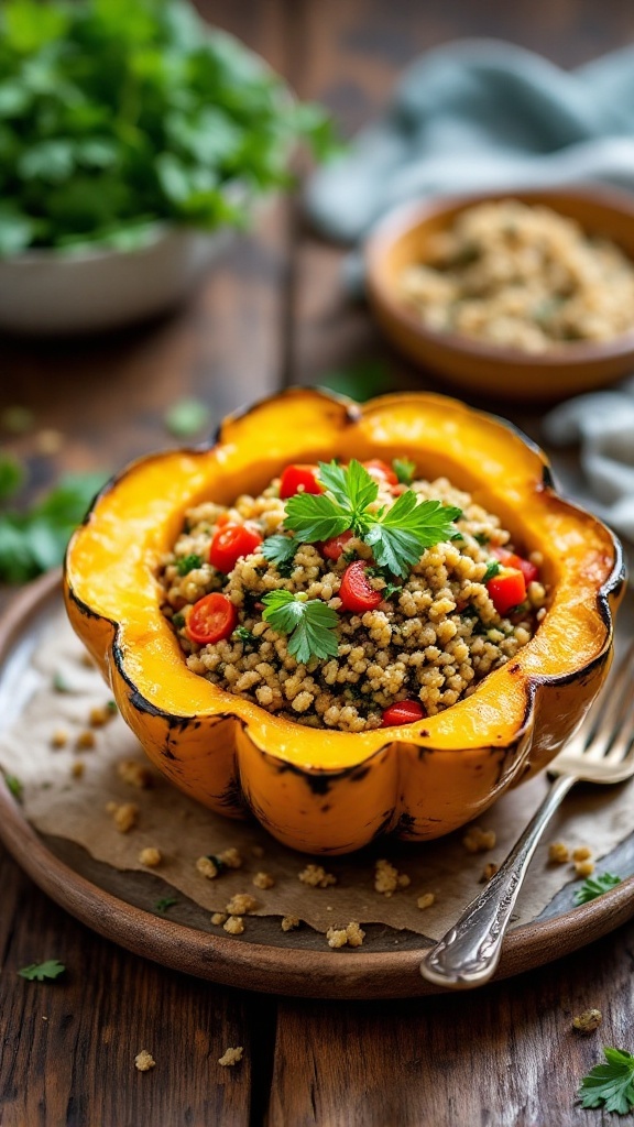 A vegetarian stuffed acorn squash filled with quinoa and tomatoes, garnished with herbs.