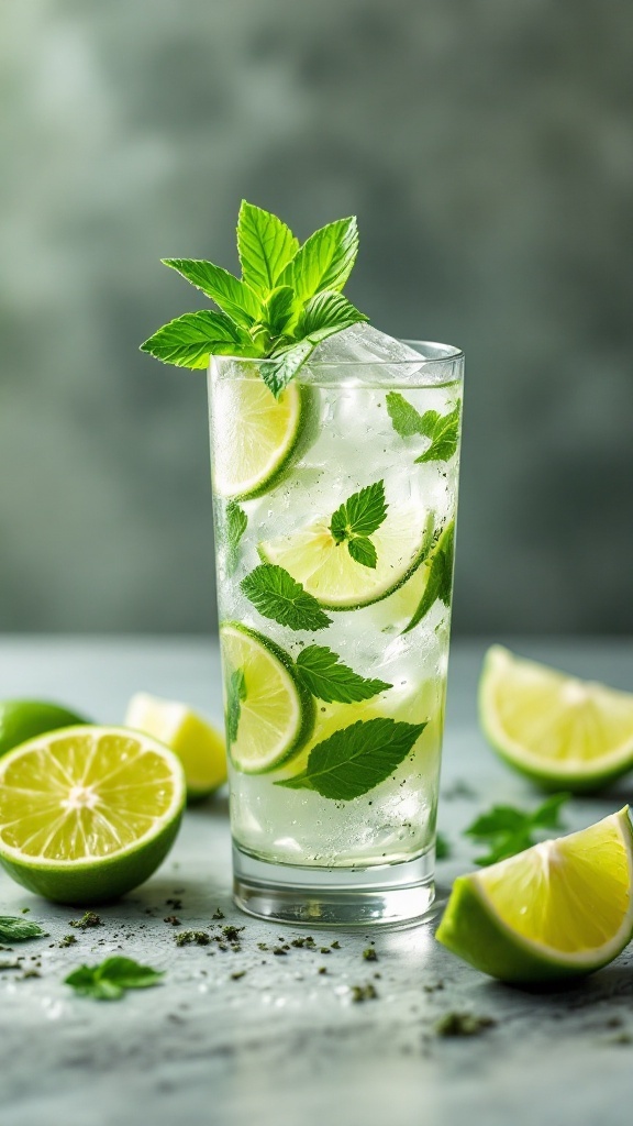 Virgin Mojito in a glass with fresh mint and lime slices