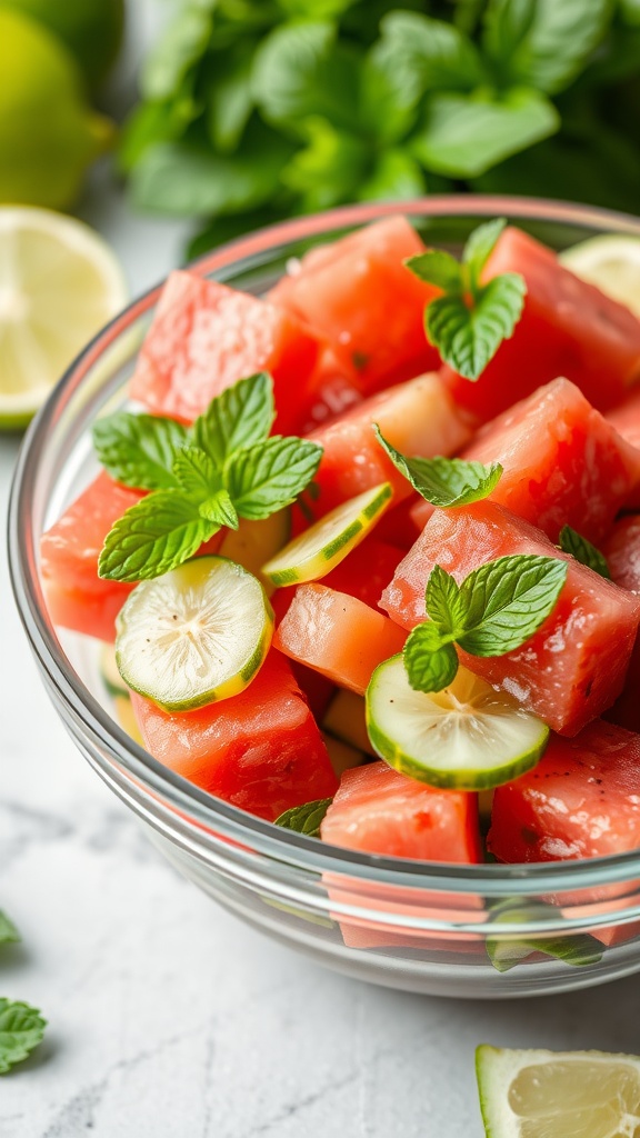 A close-up of a bowl filled with watermelon and cucumber salad, garnished with mint leaves and lime slices.