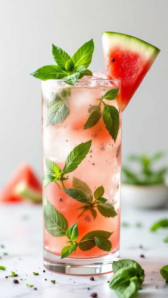 A tall glass of Watermelon Basil Spritzer garnished with fresh basil and a watermelon slice.