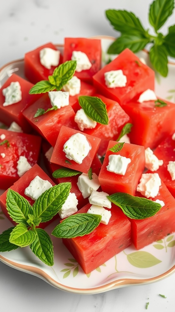 A plate of watermelon feta bites garnished with mint leaves.