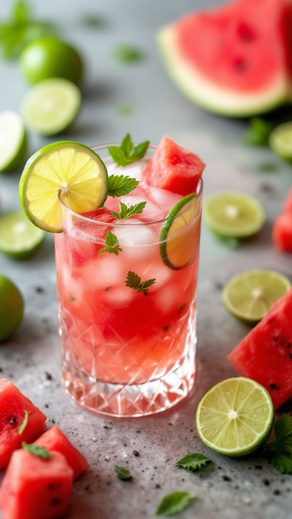 A refreshing watermelon lime mocktail garnished with lime slices and mint leaves.
