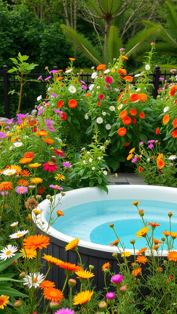 A beautiful hot tub surrounded by colorful wildflowers in an outdoor setting.