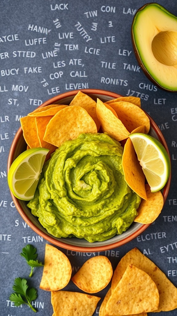 Bowl of guacamole surrounded by tortilla chips and lime wedges.