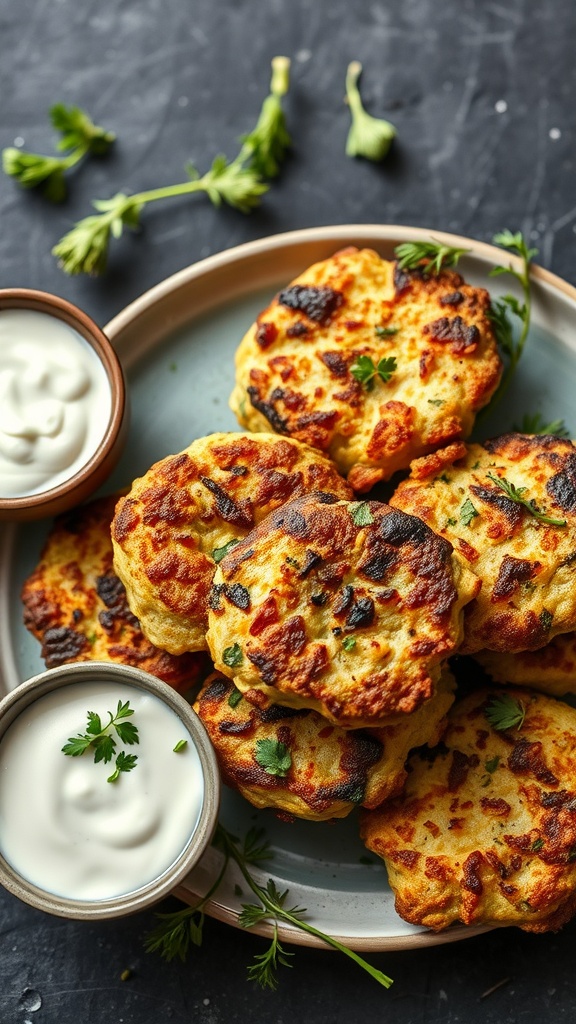 A plate of golden-brown zucchini fritters with a side of sour cream.