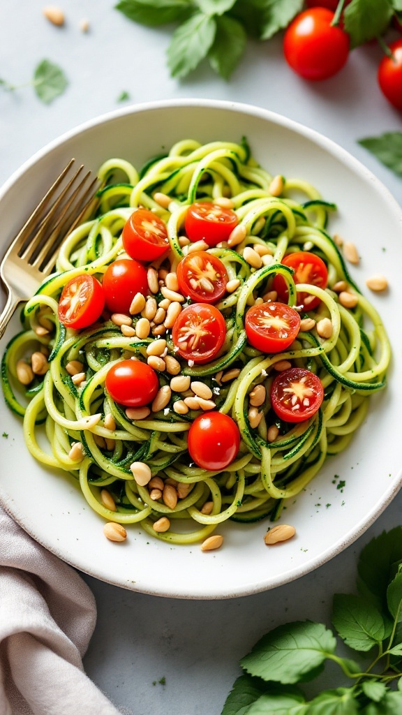 A plate of zucchini noodles topped with cherry tomatoes and pine nuts