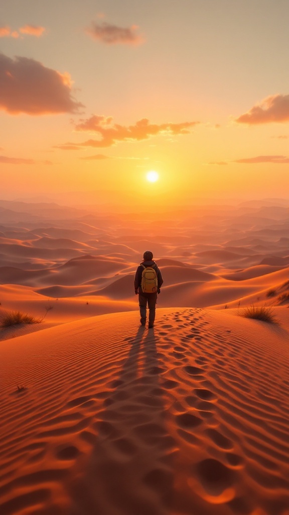 A person standing on a sand dune at sunset, looking over a vast desert landscape