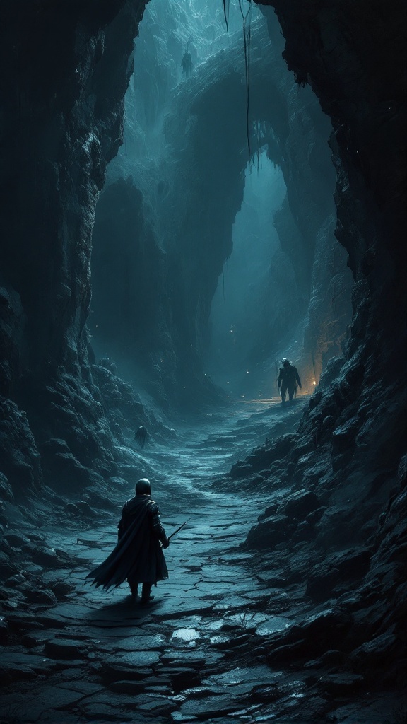 A dark, cave-like environment with a figure walking down a path, evoking a sense of adventure