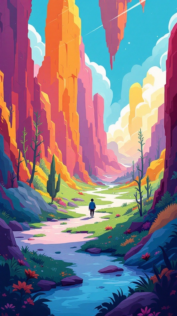 A colorful valley with a character walking through a picturesque landscape surrounded by mountains and greenery.