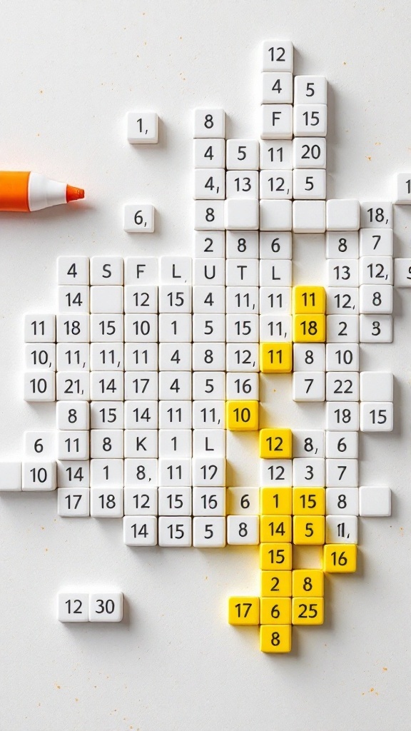 A Fillomino puzzle grid with numbered tiles in white and yellow, alongside a marker.