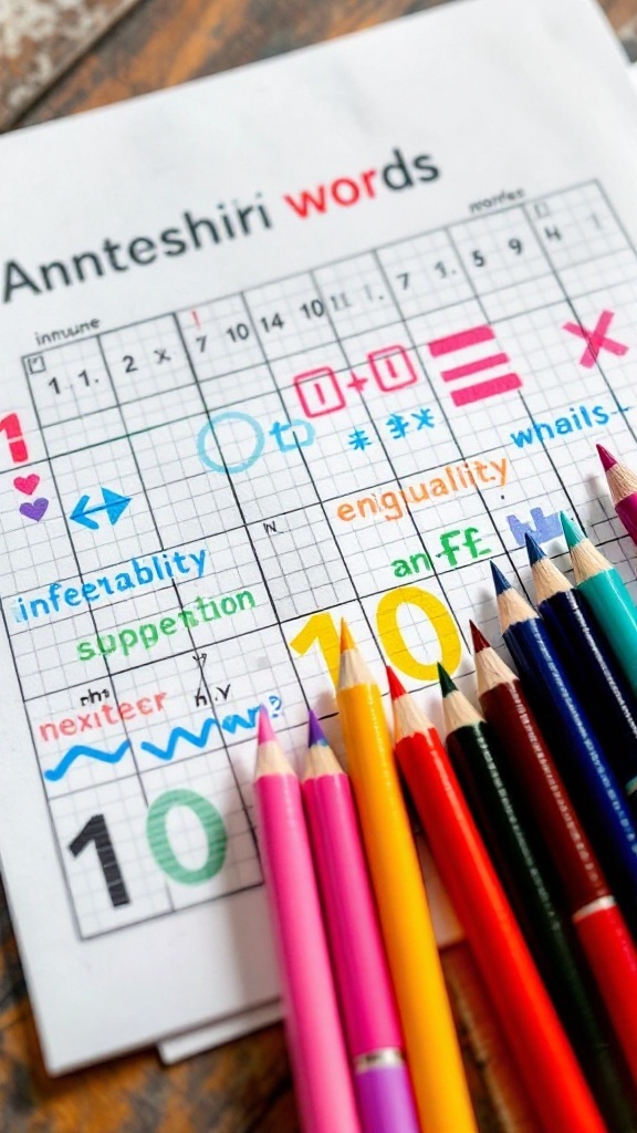 A colorful Futoshiki puzzle grid with inequality signs and colored pencils.