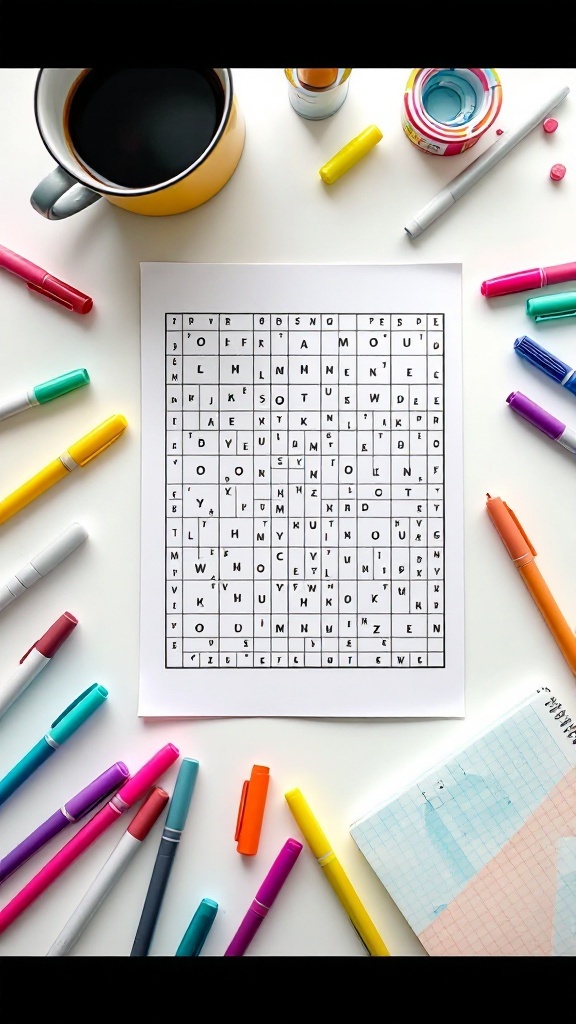 A Hanjie grid puzzle surrounded by colorful pens and a cup of coffee