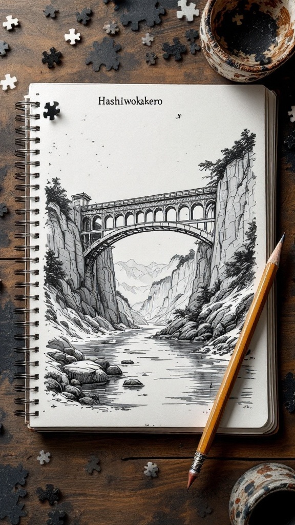 A sketch of a bridge with mountains and a river, representing the game Hashiwokakero.