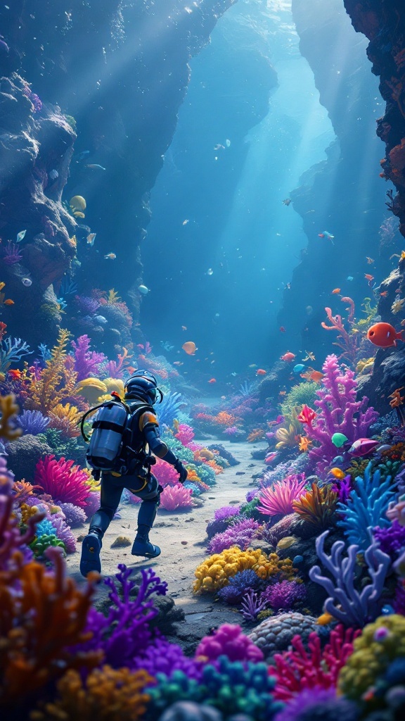 A diver exploring a vibrant underwater scene filled with colorful corals and fish.