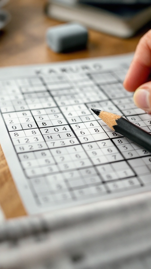 A close-up of a Kakuro puzzle with a hand holding a pencil.