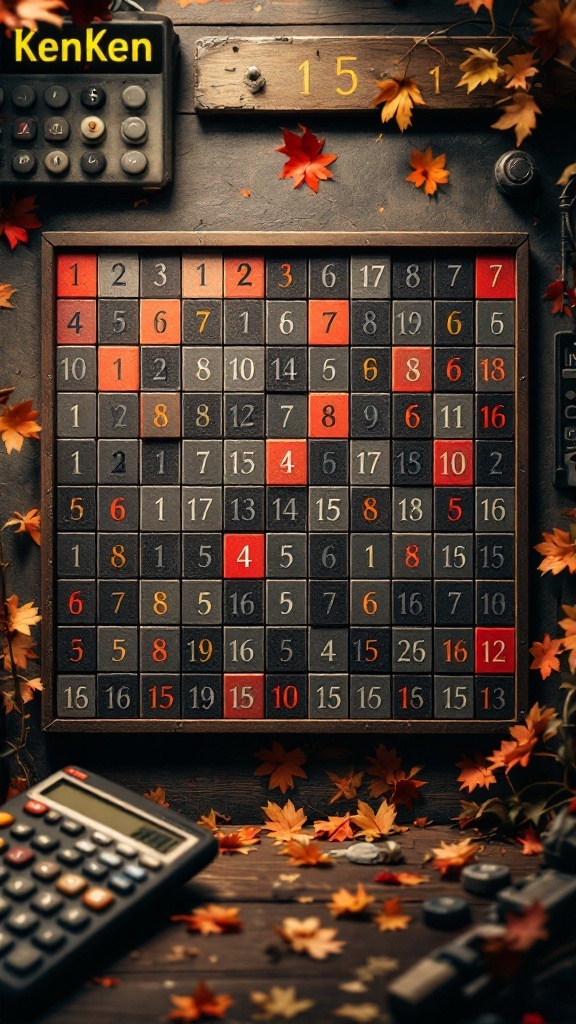 A colorful KenKen puzzle grid surrounded by autumn leaves and a calculator.