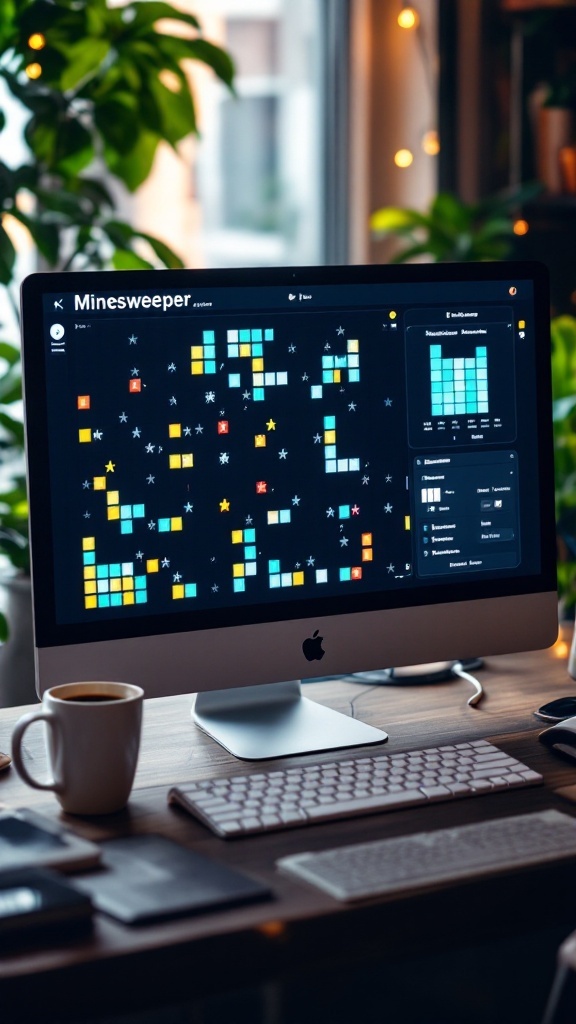 A computer screen displaying a colorful Minesweeper game with a coffee cup and notebooks on the table.