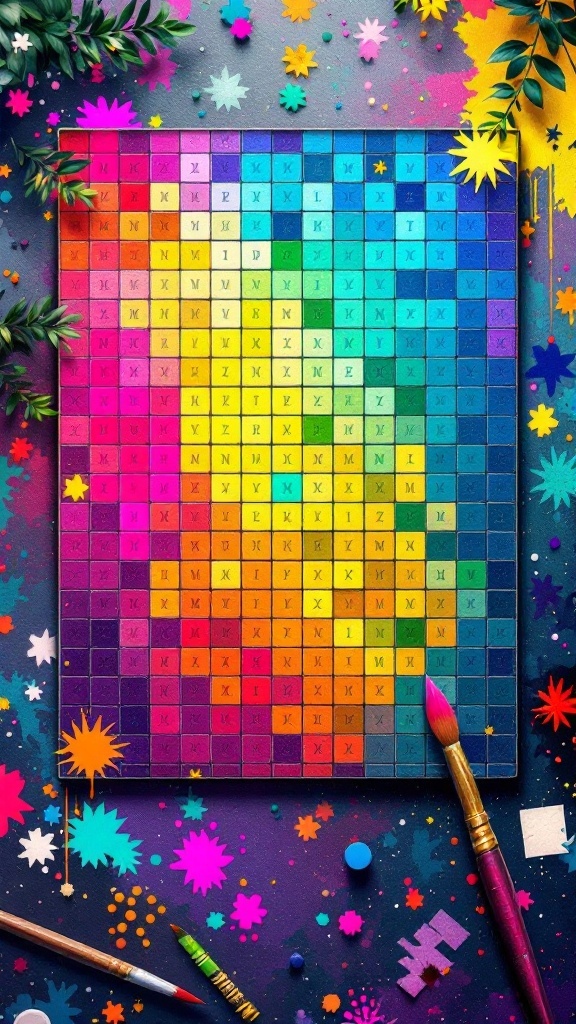 A colorful grid resembling a pixel art puzzle with bright shades and artistic tools around it.