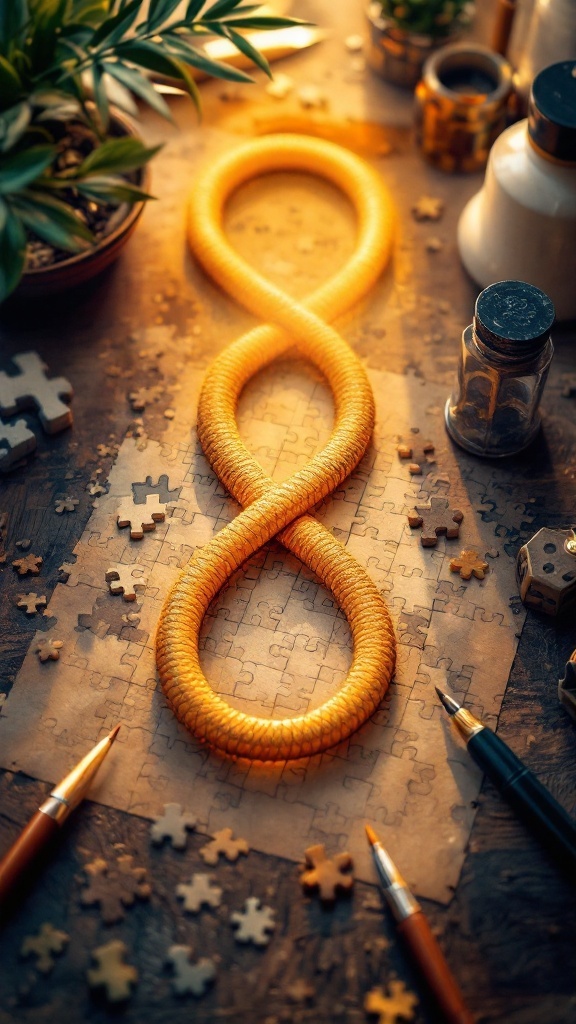 An artistic representation of a loop, resembling the paths in Slitherlink puzzles, surrounded by stationery and puzzle pieces.