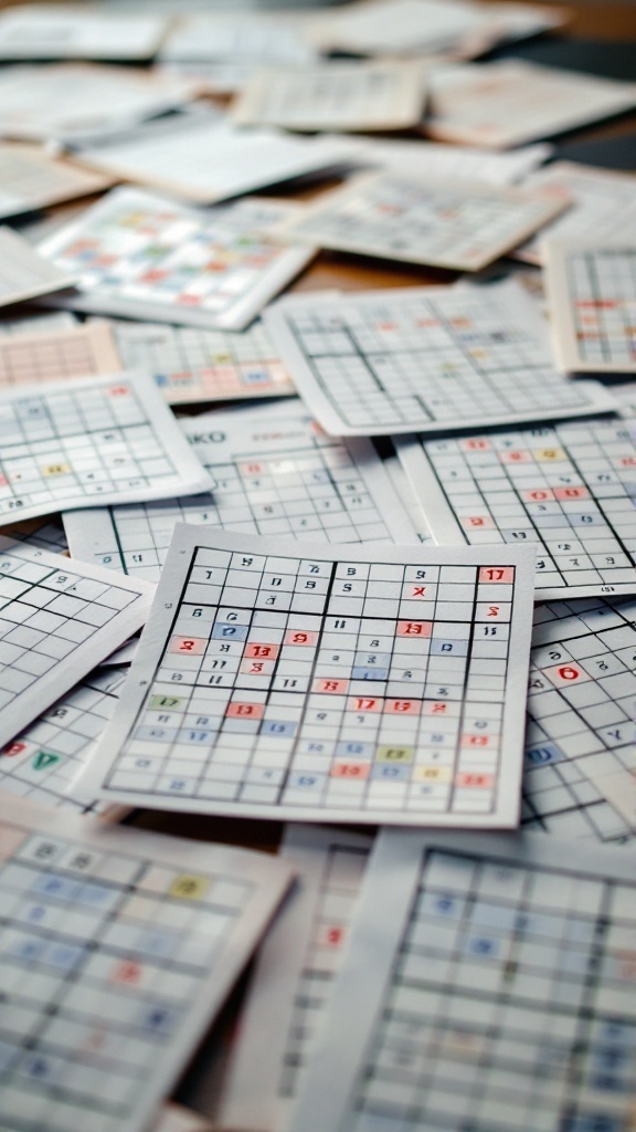 A collection of various Sudoku puzzles laid out on a table.