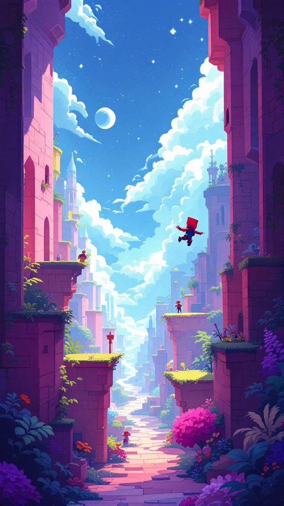 A colorful and whimsical landscape from the game Fez, featuring a character in a red hat jumping between platforms amidst vibrant flora and a bright sky.