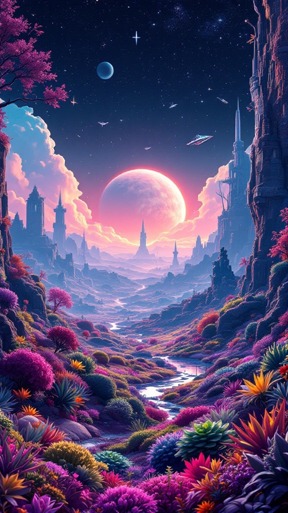 A vibrant alien landscape with colorful plants, rocky formations, and a distant planet in the sky.